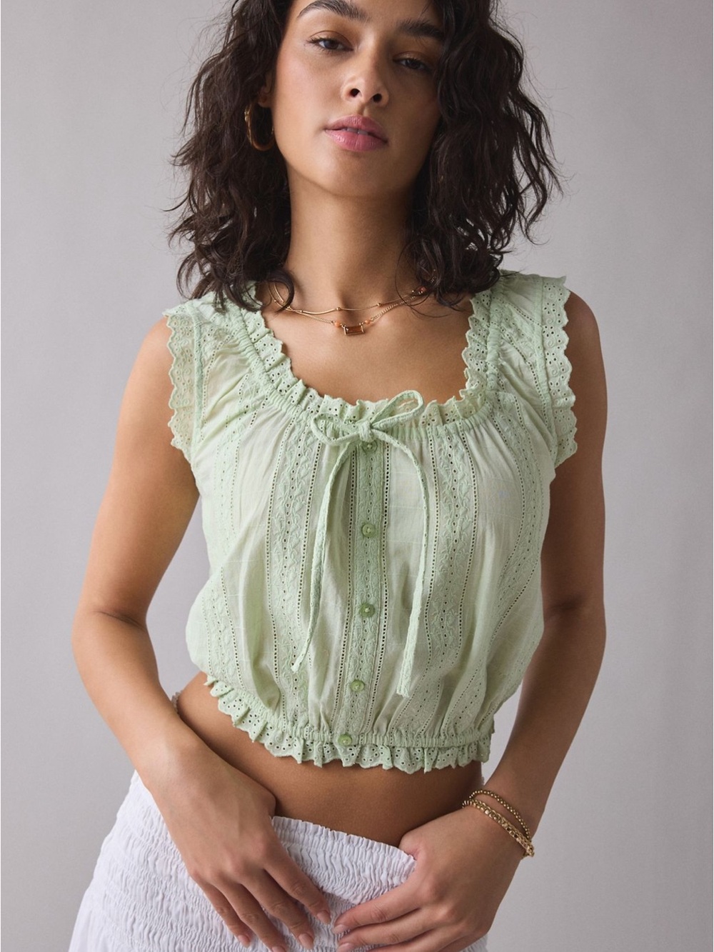 Kimchi Blue Green Eyelet Lace Tie-Front Crop Tank Top